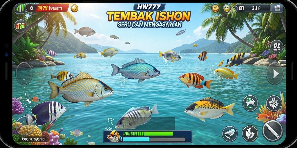 Screenshot gameplay HW777 yang menunjukkan aksi menembak ikan.
