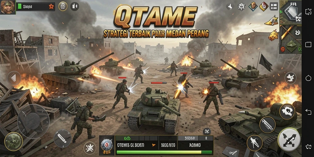 Screenshot utama menampilkan pertempuran yang intens dan strategis di QTGAME.